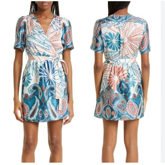 ba&sh Floral Paisley Jara Mixed Print Blue & White Short Sleeve Mini Wrap Dress - Picture 1 of 7